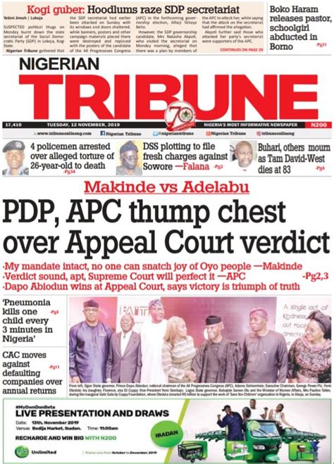 nigerian tribune newspaper headlines today